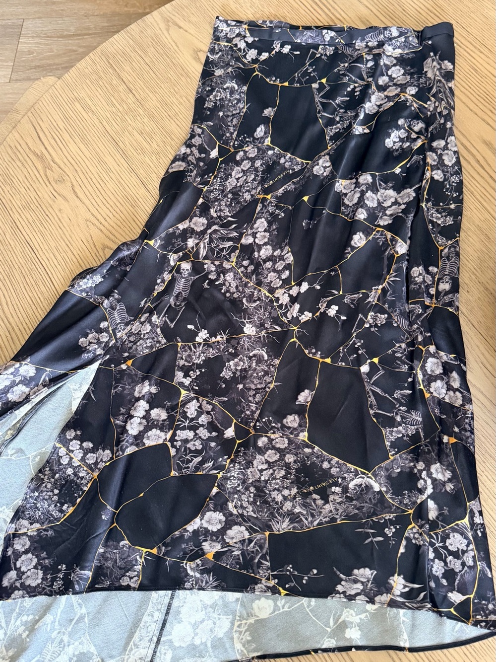 All Saints Black Floral Patchwork Maxi Skirt with Gold Veining